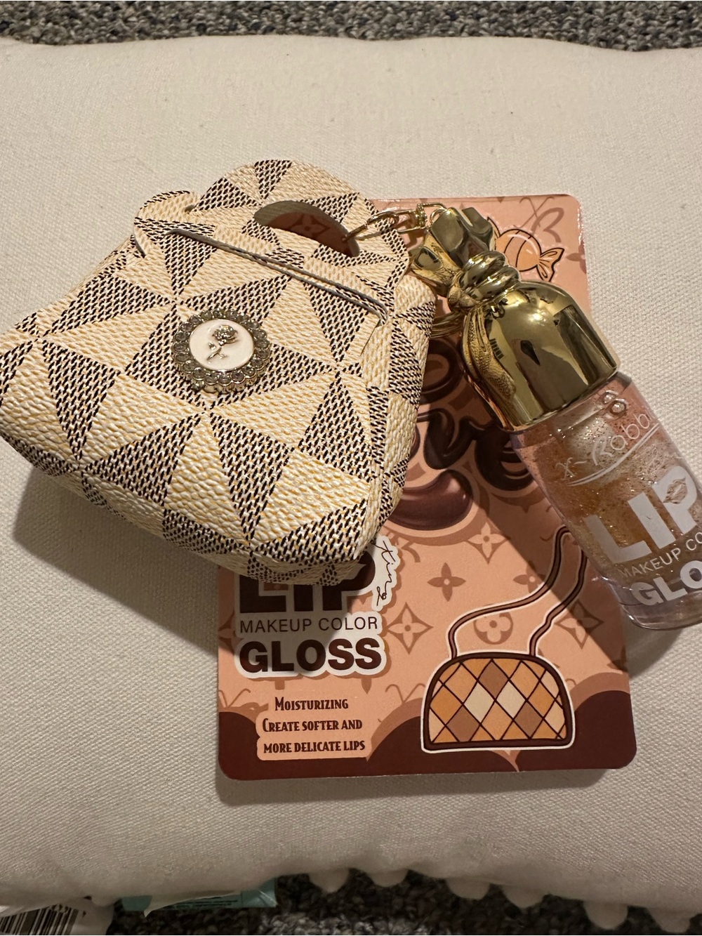 Beige Woven Mini Key & Card Holder with Gold-Tone Lip Gloss Charm